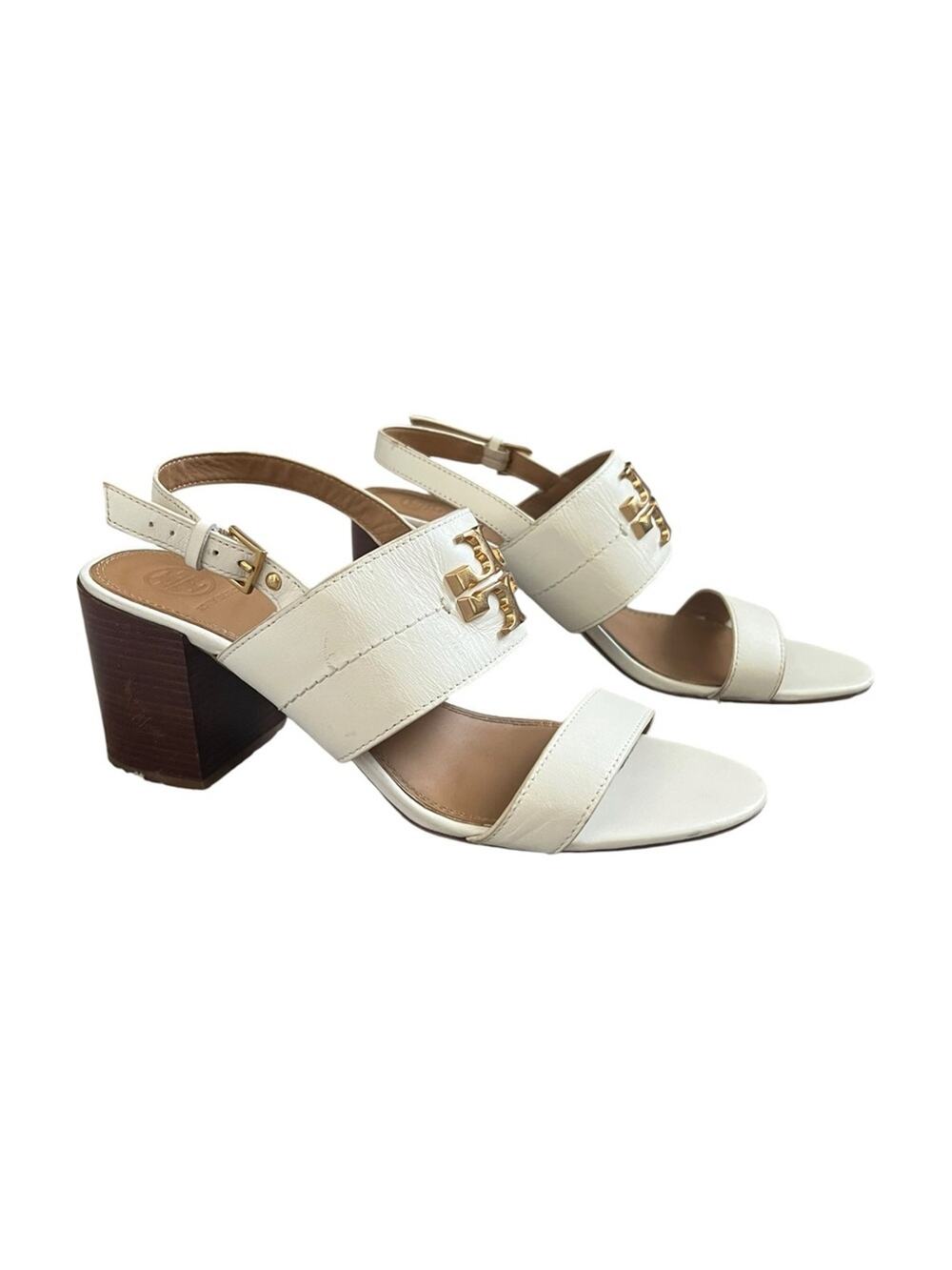 Tory Burch Women’s Eleanor White Leather Gold Metal Block Heel Sandals Size 9.5